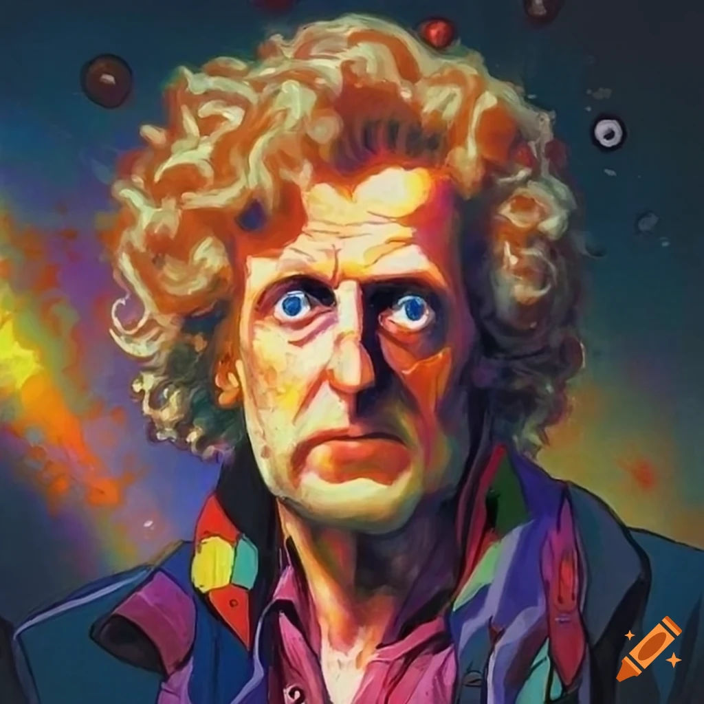 Wallpaper #aGjMFZMBSpphPi3-GAlH303 Retro Sci Fi Art of Sixth Doctor Who in Colorful Outfit on Craiyon