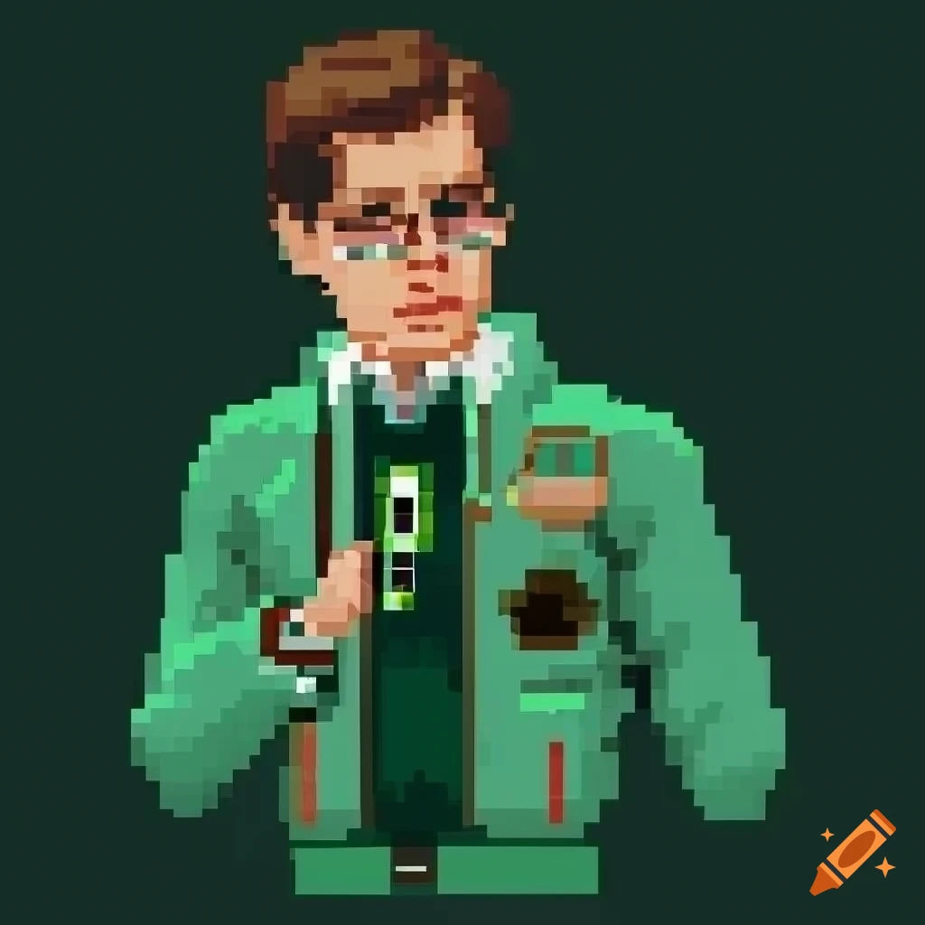 Wallpaper #VhfjPZMBPLD5_VENJd5E244 Green Flight Jacket with White Collar in Pixel Art Style on Craiyon