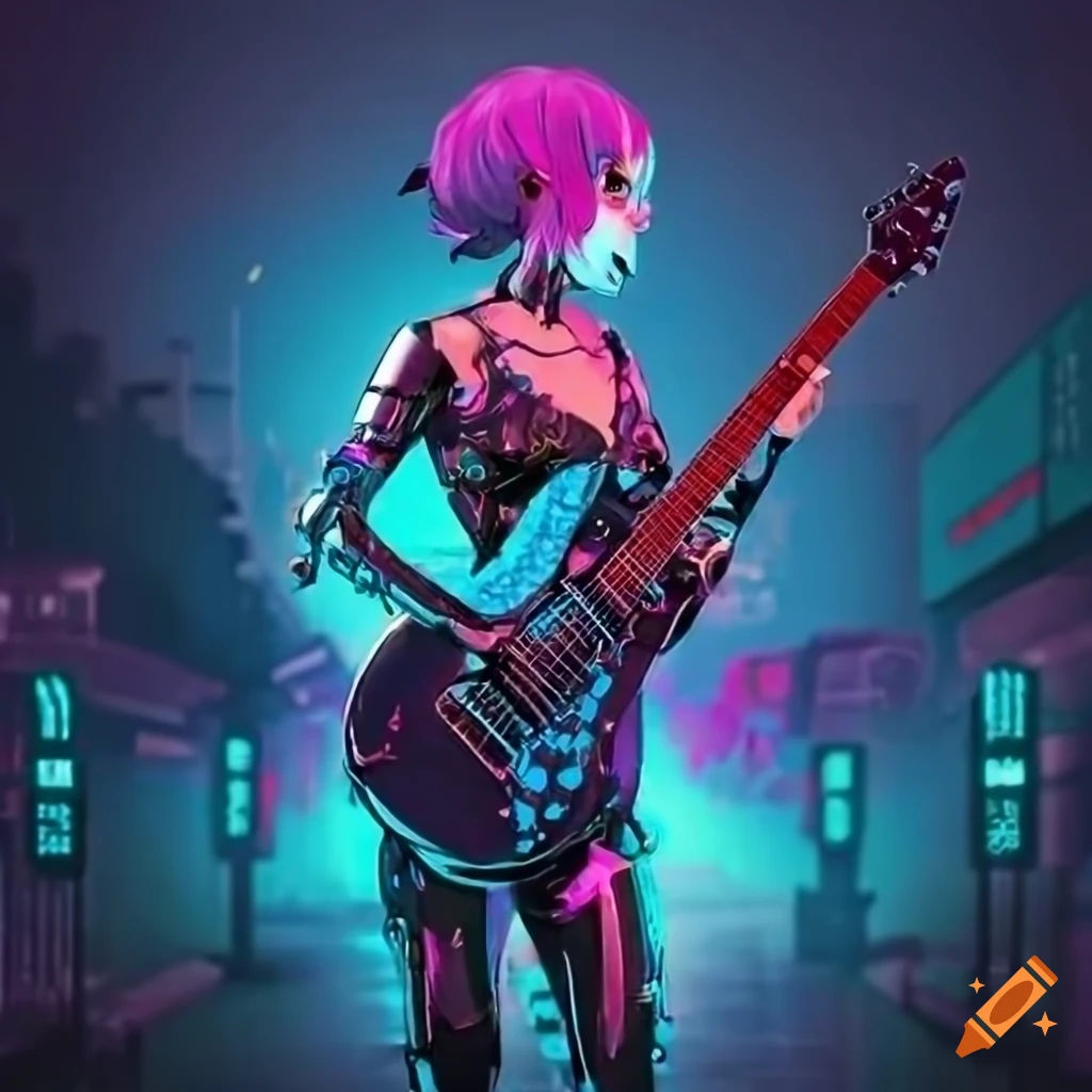 Wallpaper #rGf2-pIBSpphPi3-35I2331 Neon Cyberpunk Anime Female Guitarist with Electric Blue Guitar on Craiyon