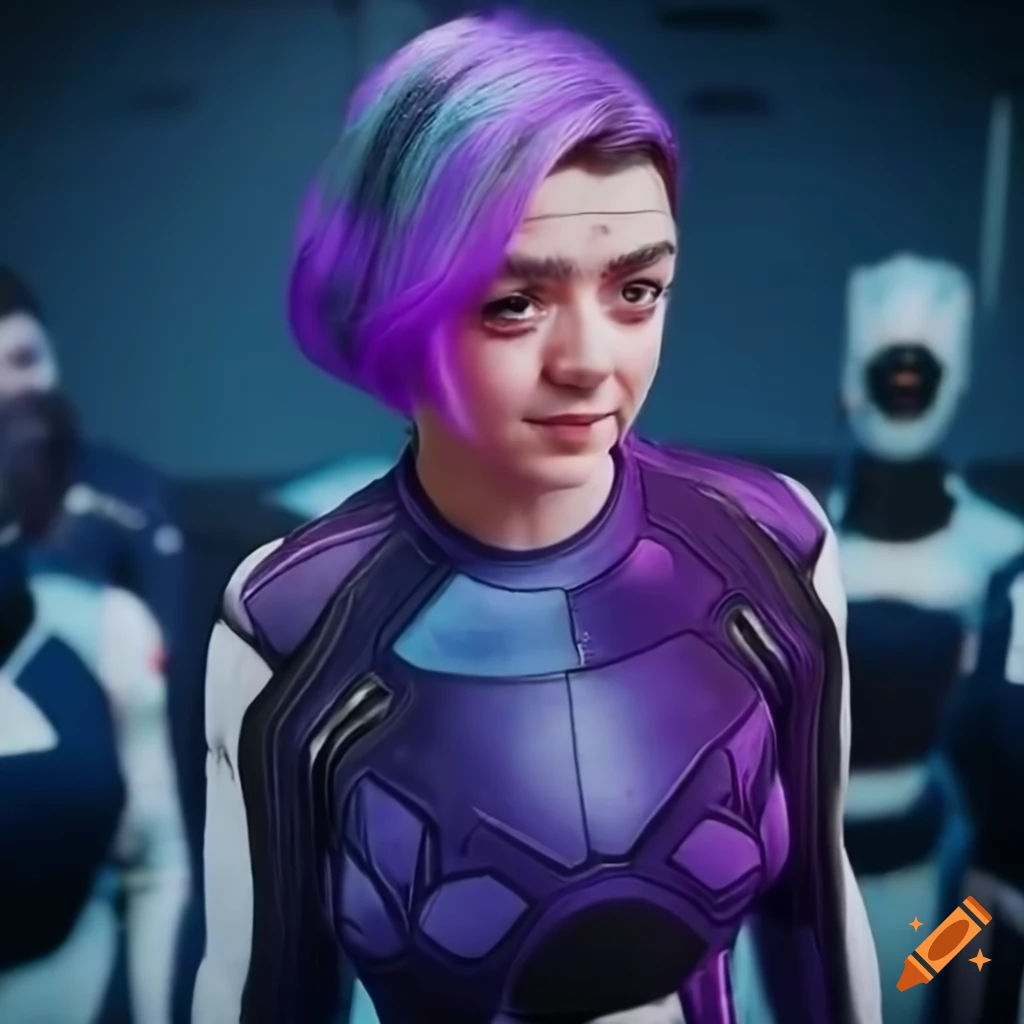 Wallpaper #aGjMFZMBSpphPi3-GAlH127 Maisie Williams in Purple Sci Fi Attire with Crowd on Craiyon