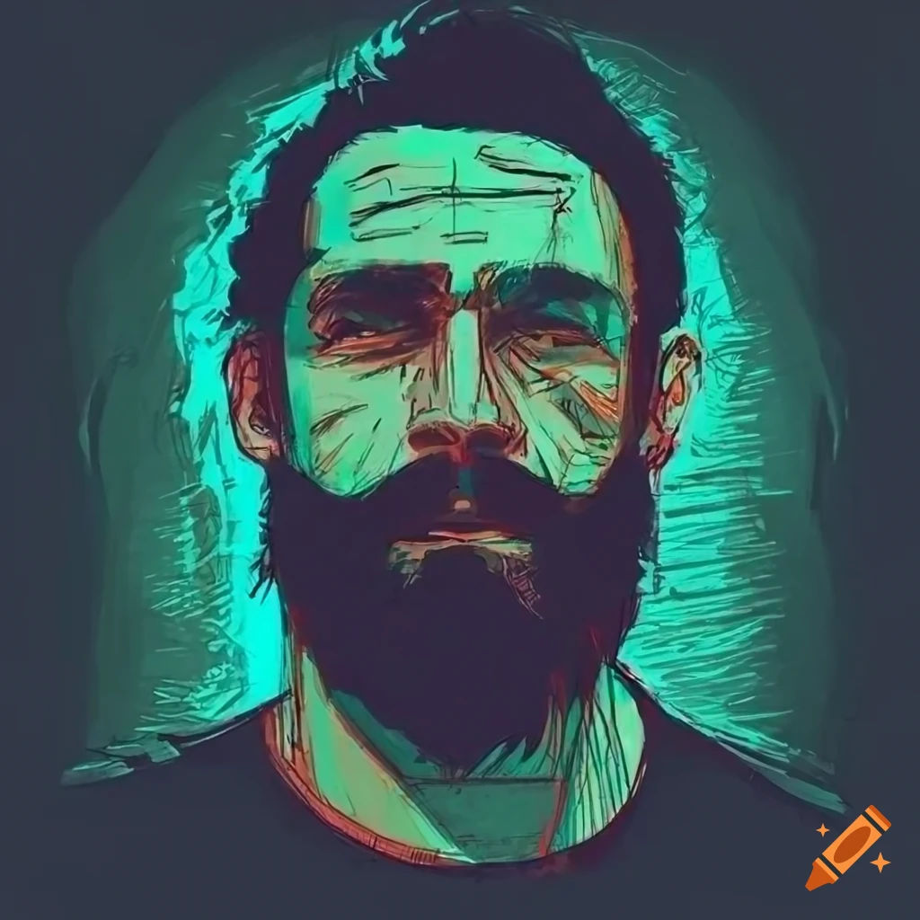 Wallpaper #-63cMZMBKf019FdaOxFD291 Sketch of a Cyberpunk Man with Black Striped Hair and Beard on Craiyon