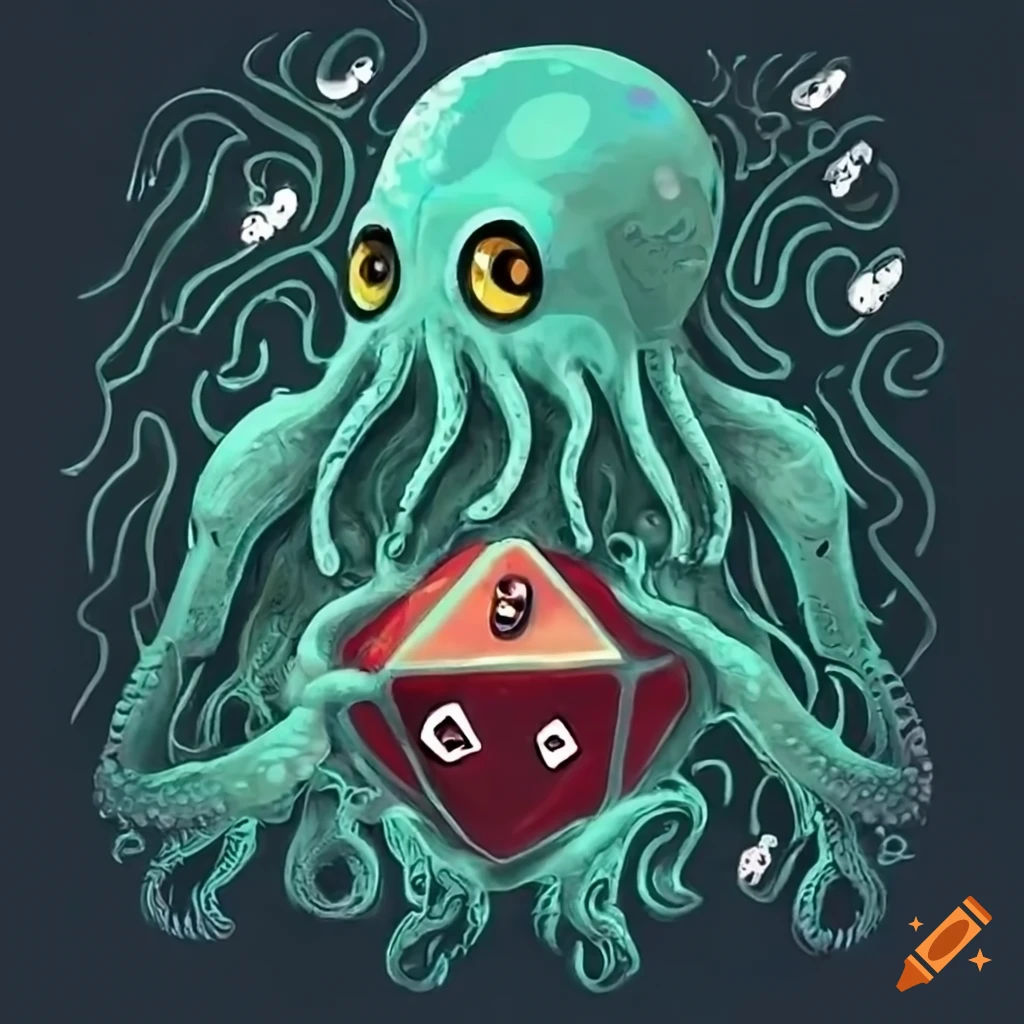 Wallpaper #uwMnZJMBpyOg8YnEDtaL356 Woodblock Art of a Cute Cthulhu Holding Dice on Craiyon