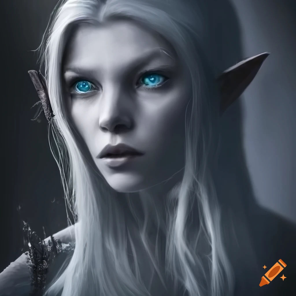 Wallpaper #klhxNJMBzN9vxX346zxu452 Monochrome Picture of a Snow Haired Shadow Elf on Craiyon