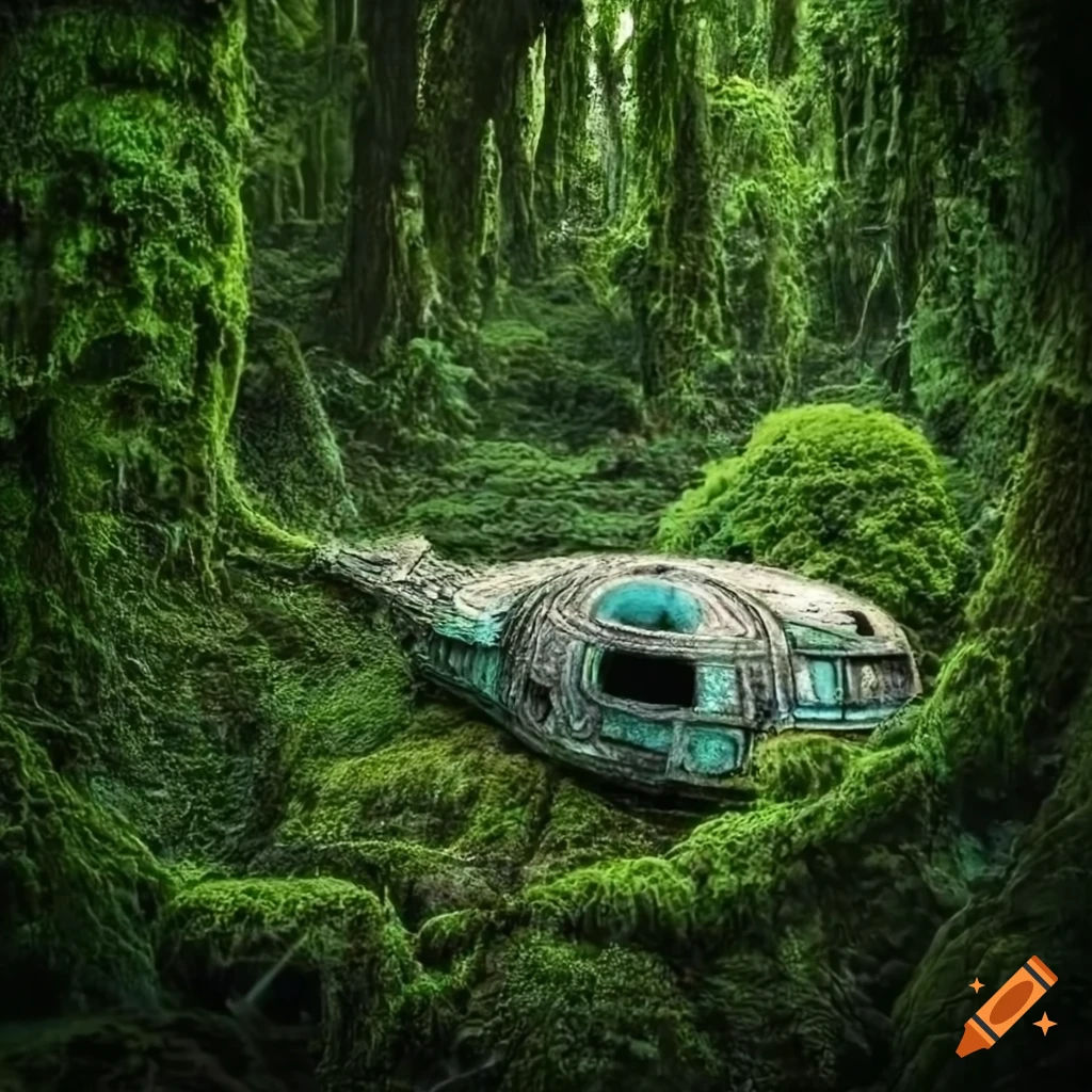 Wallpaper #8miAIJMBSpphPi3-mS3Z81 Abandoned Spaceship in a Moss Covered Jungle on Craiyon