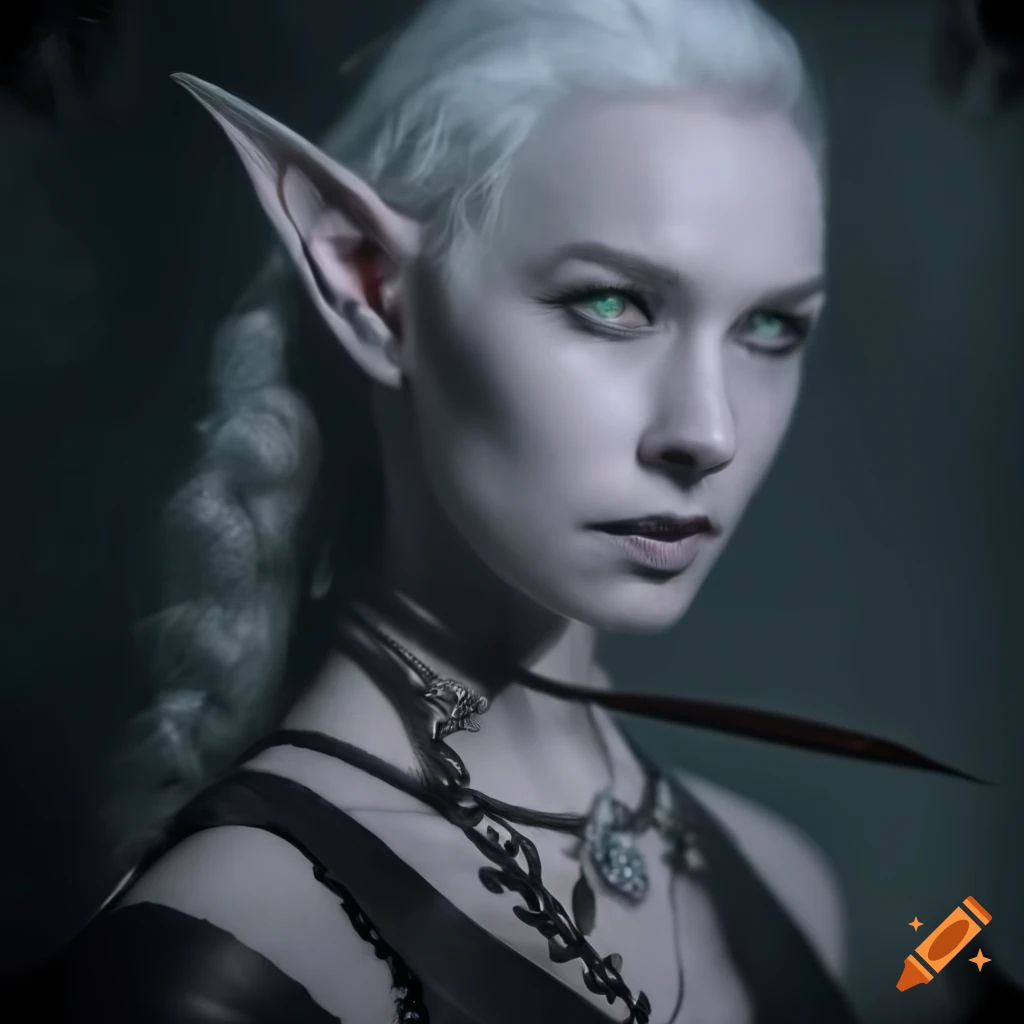 Wallpaper #klhxNJMBzN9vxX346zxu449 Monochrome Portrait of a Snow Haired Shadow Elf on Craiyon