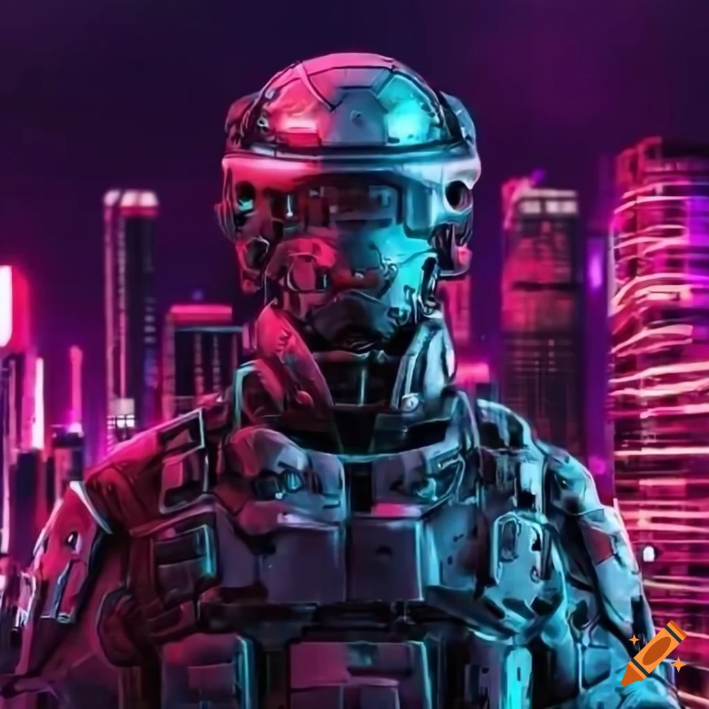 Wallpaper #4HKOMpMBX2lk1u3ok1r-406 Cyborg in Neon Lit Cityscape on Craiyon