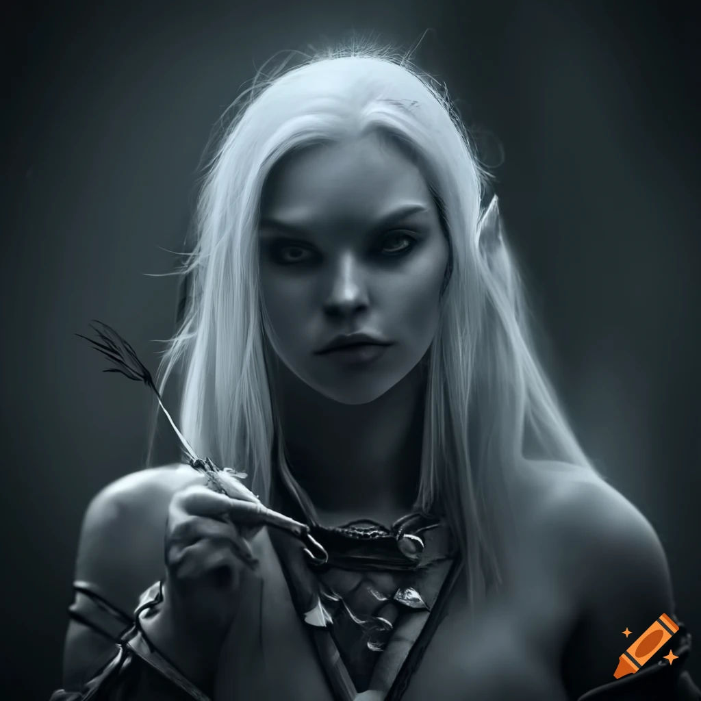 Wallpaper #klhxNJMBzN9vxX346zxu444 Monochrome Portrait of a Snow Haired Shadow Elf