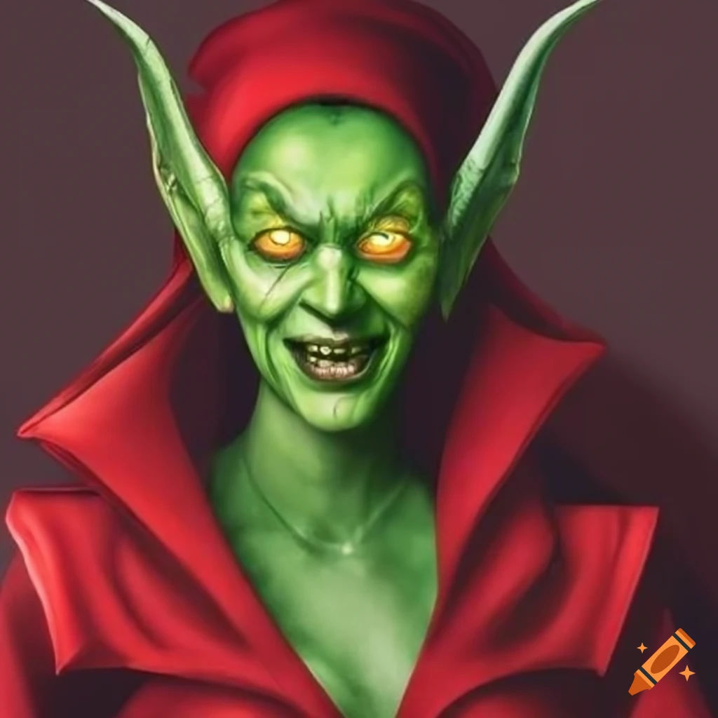 Wallpaper #GkAxMJMBJhL2WPbaVMA6231 Digital Art of a Female Green Goblin in a Red Robe on Craiyon