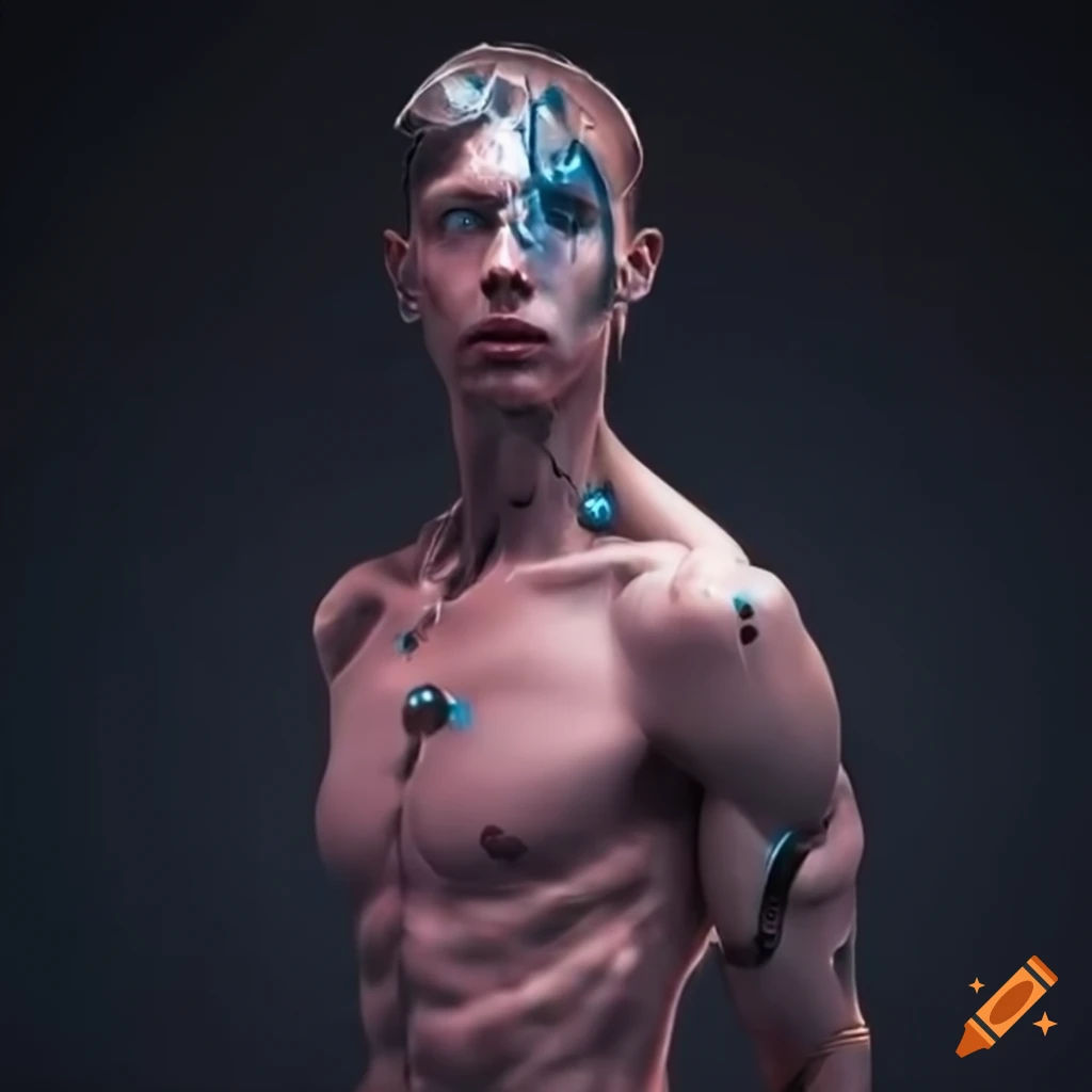 Wallpaper #421CbJcBycdYOYFTknLy143 Transparent Male Cyborg with LED Lights on Craiyon