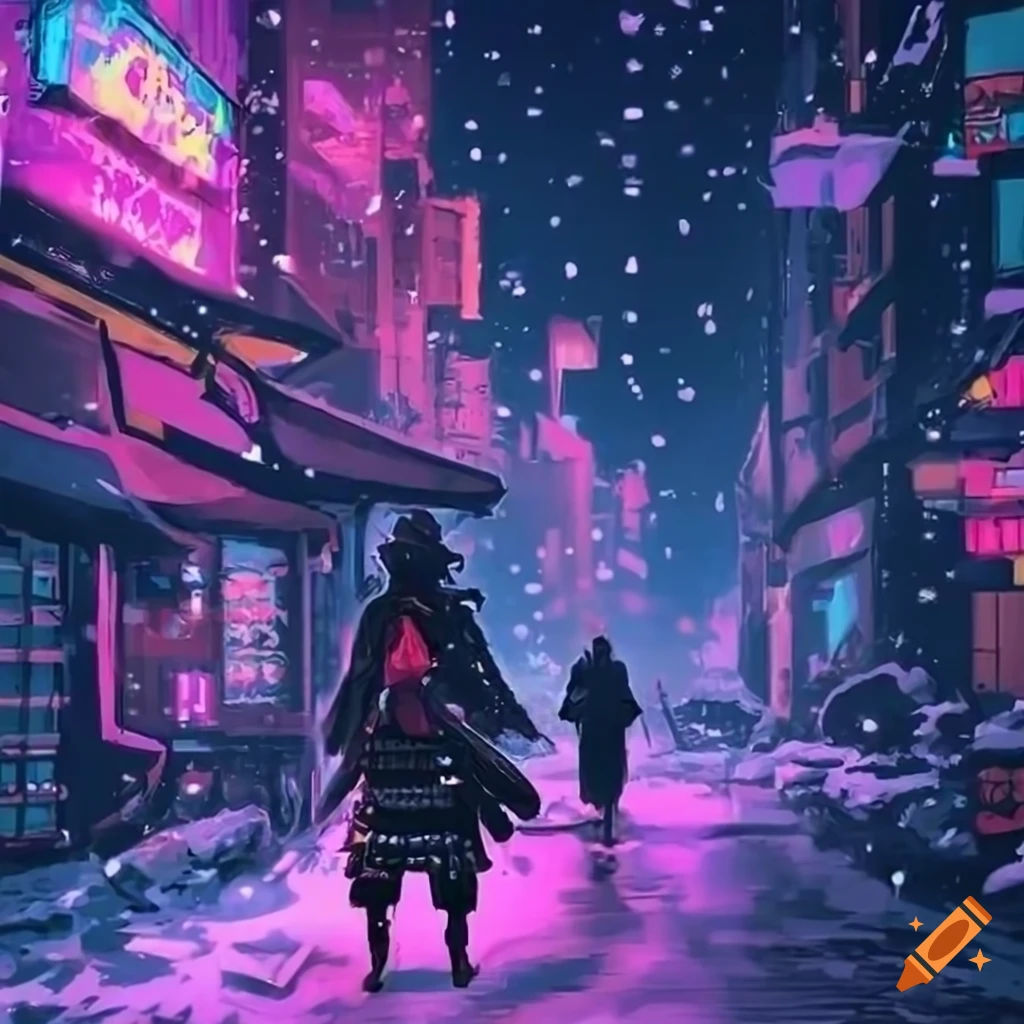 Wallpaper #I2jjG5MBSpphPi3-iSHA159 Anime Cyberpunk Samurai in a Snowy Neon City on Craiyon