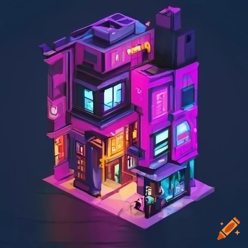 Wallpaper #tGh5I5MBSpphPi3-JzUR119 Isometric View of a Cyberpunk House