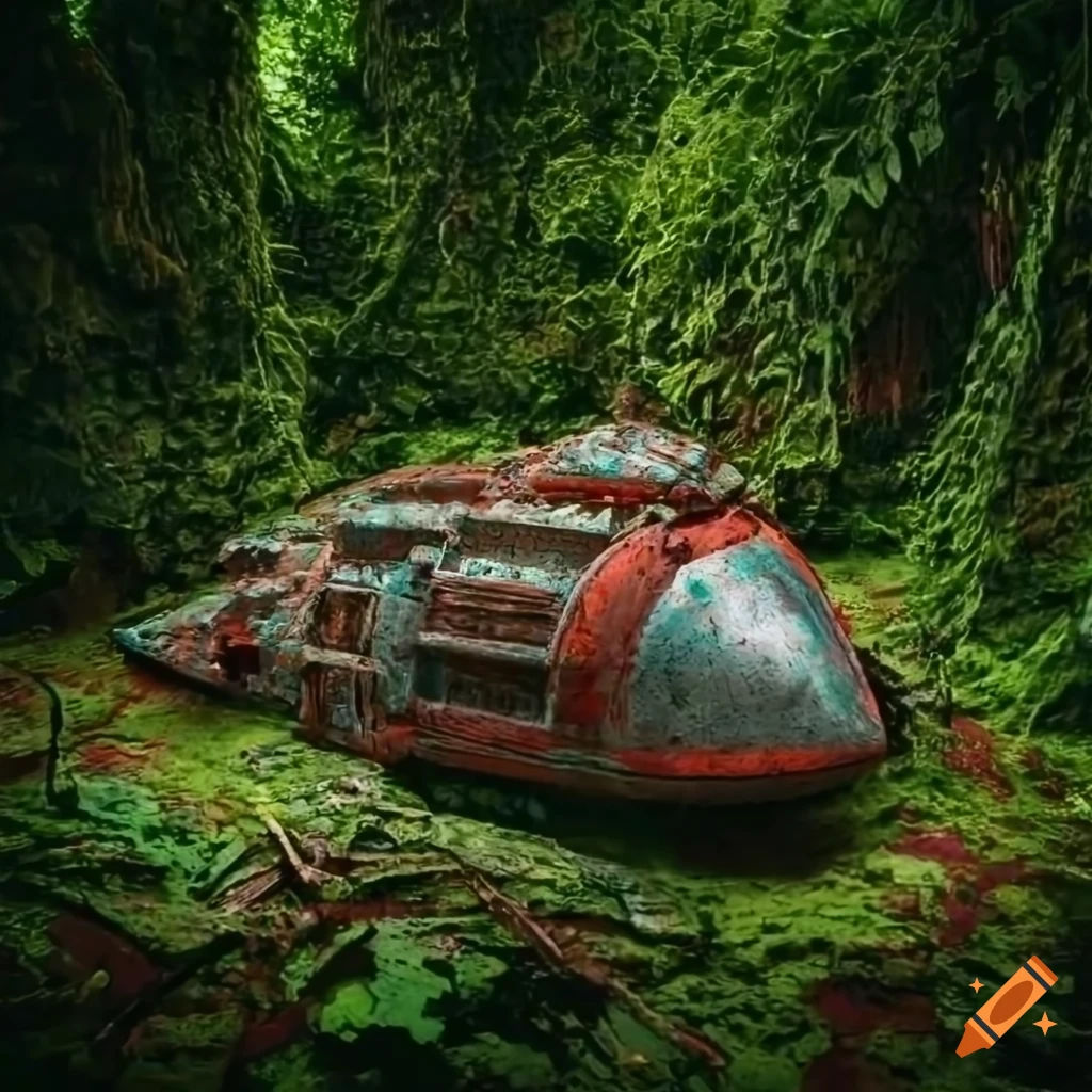 Wallpaper #8miAIJMBSpphPi3-mS3Z40 Image of an Abandoned Spaceship in a Jungle on Craiyon
