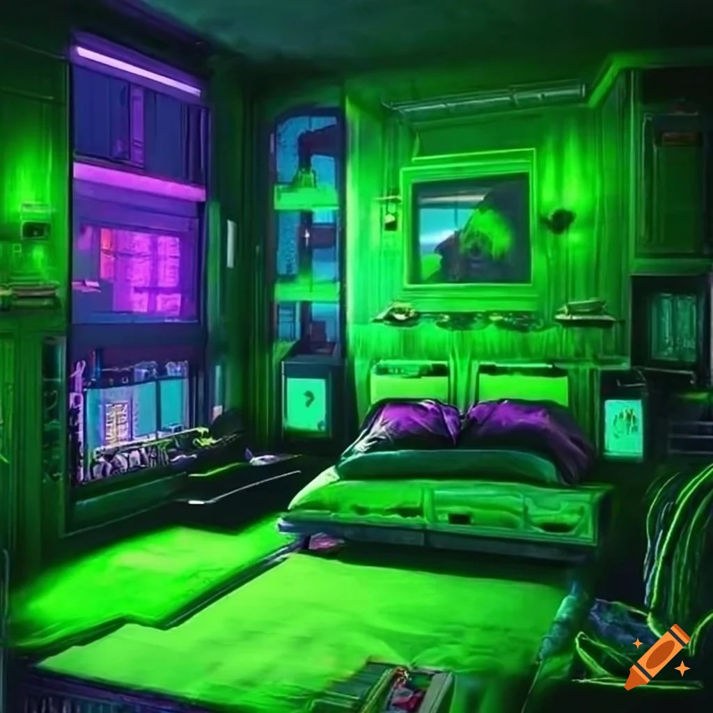 Wallpaper #EWc7-pIBSpphPi3-H5AG69 Cyberpunk Themed Green Bedroom on Craiyon