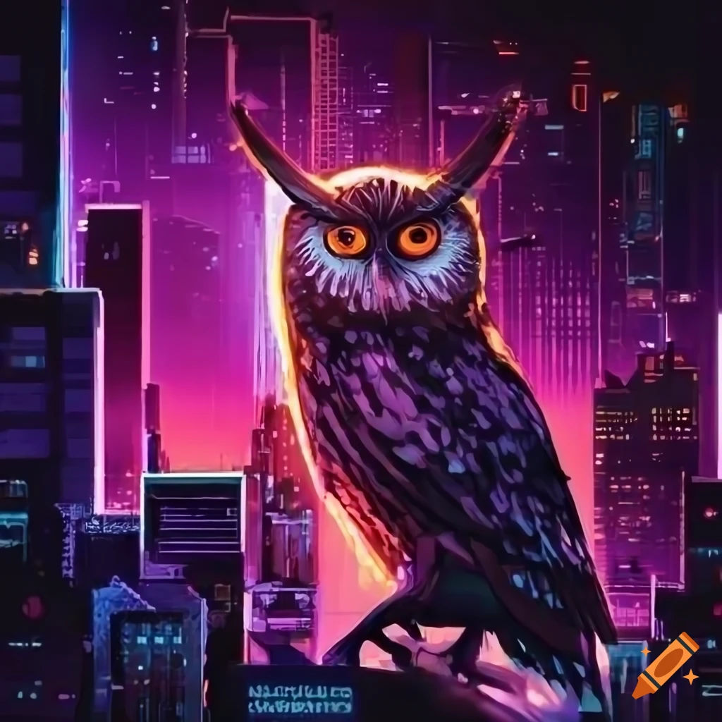 Wallpaper #AF7fMpMBborbLbczZGDZ154 Cyberpunk Owl in a Neon Cityscape on Craiyon