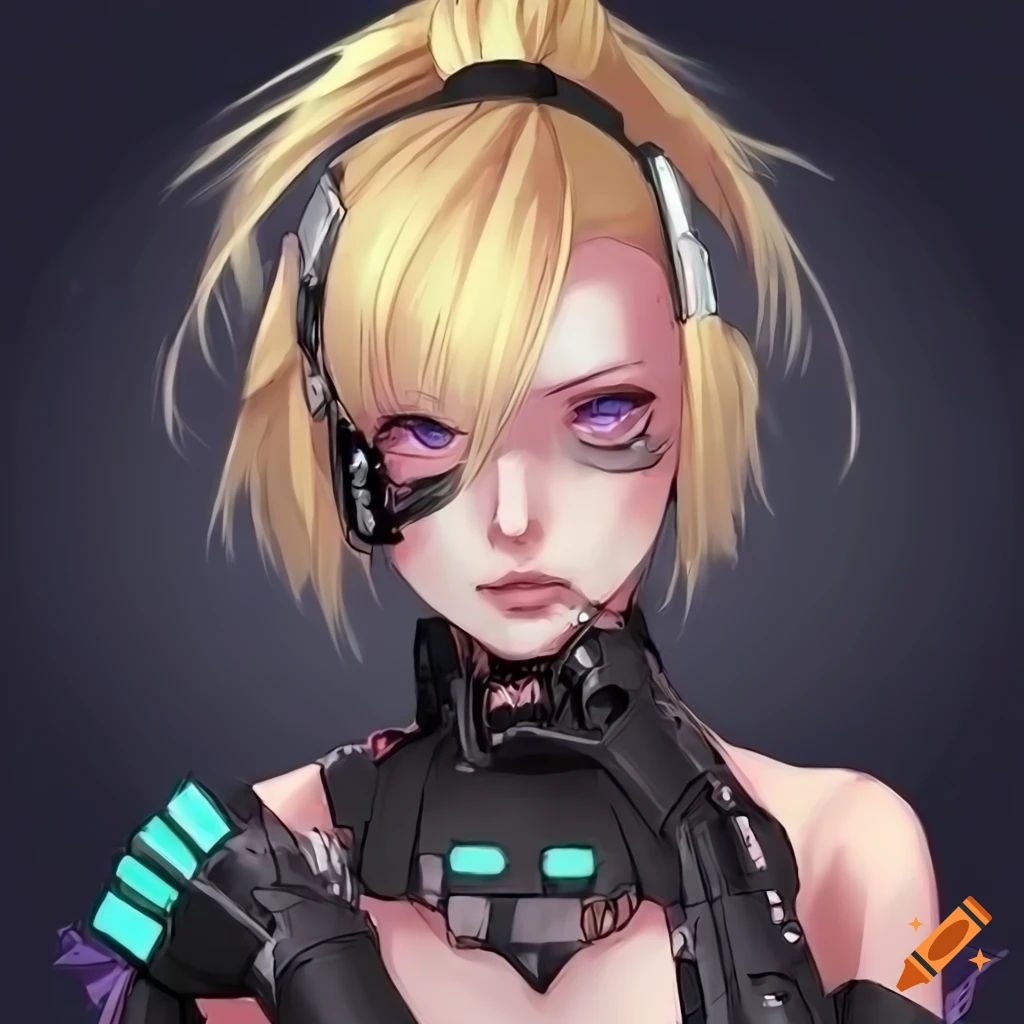 Wallpaper #w2h0G5MBSpphPi3-2R9s354 Cyberpunk Anime Girl with Blonde Hair and Cybernetic Implants on Craiyon