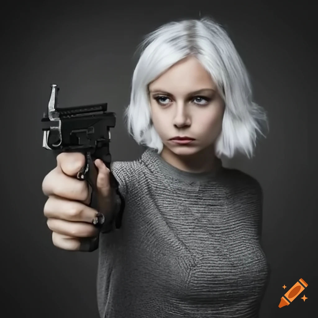 Wallpaper #ImfQBpMBSpphPi3-4cMa431 Girl with White Hair Pointing a Gun on Craiyon