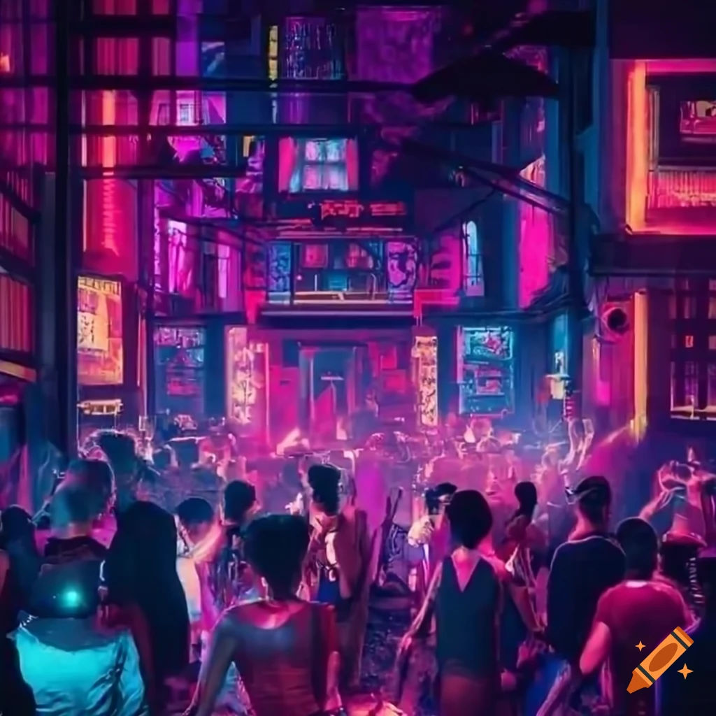 Wallpaper #czvQb5cBSWmA-tzpj49n177 Crowded Cyberpunk Nightclub with People Dancing and Partying on Craiyon