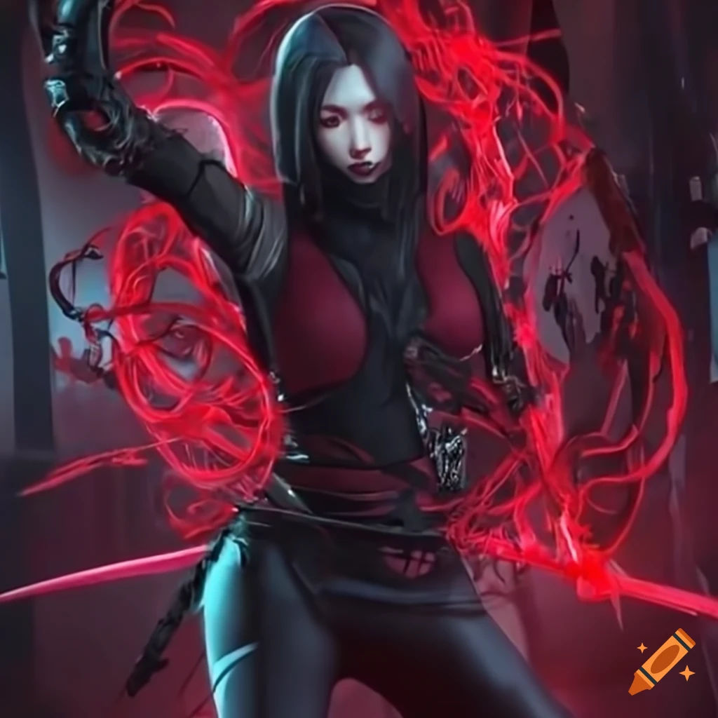 Wallpaper #Fe8FTZMBMN-XEVvVuT-n75 Cyberpunk Ninja Woman with Swirling Blades in a Dynamic Pose on Craiyon
