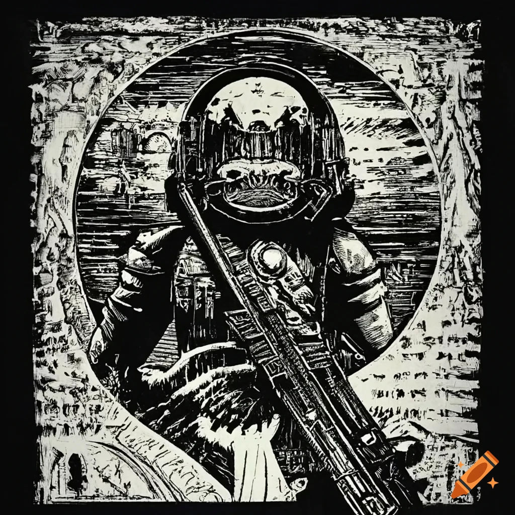 Wallpaper #Qmc2_5IBSpphPi3-FaJe57 Cyberpunk Machine Gun in 70s Science Fiction Woodcut Print on Craiyon