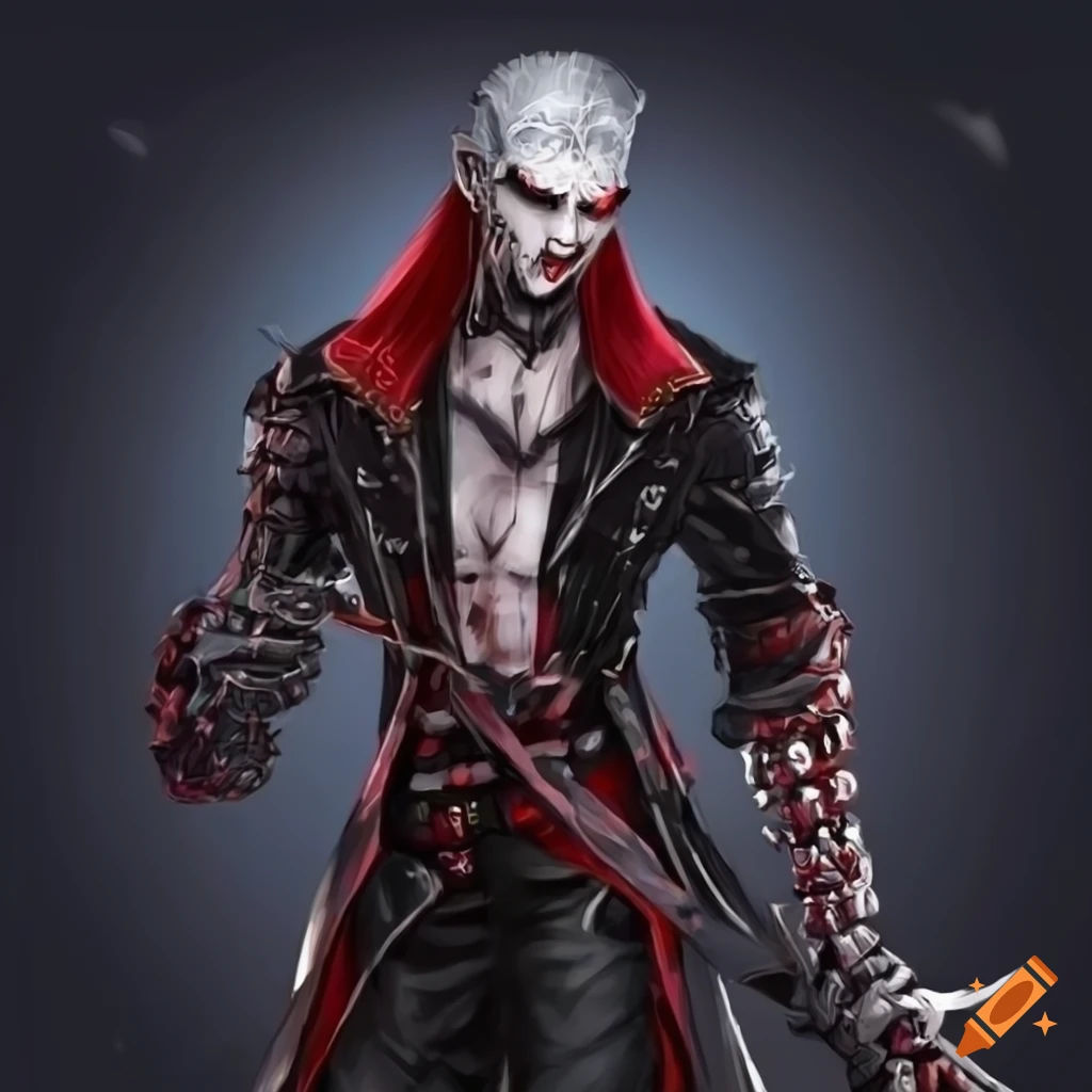 Wallpaper #4HKOMpMBX2lk1u3ok1r-304 Male Vampire Cyborg Enforcer in Black and Red Rose Trimmed Pirate Coat