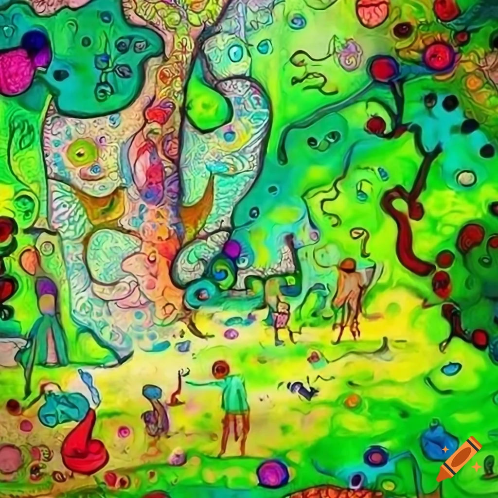Wallpaper #gGfoDJMBSpphPi3-KuHk79 Abstract Surrealism Art of a Bright Green Mystical Garden on a Treasure