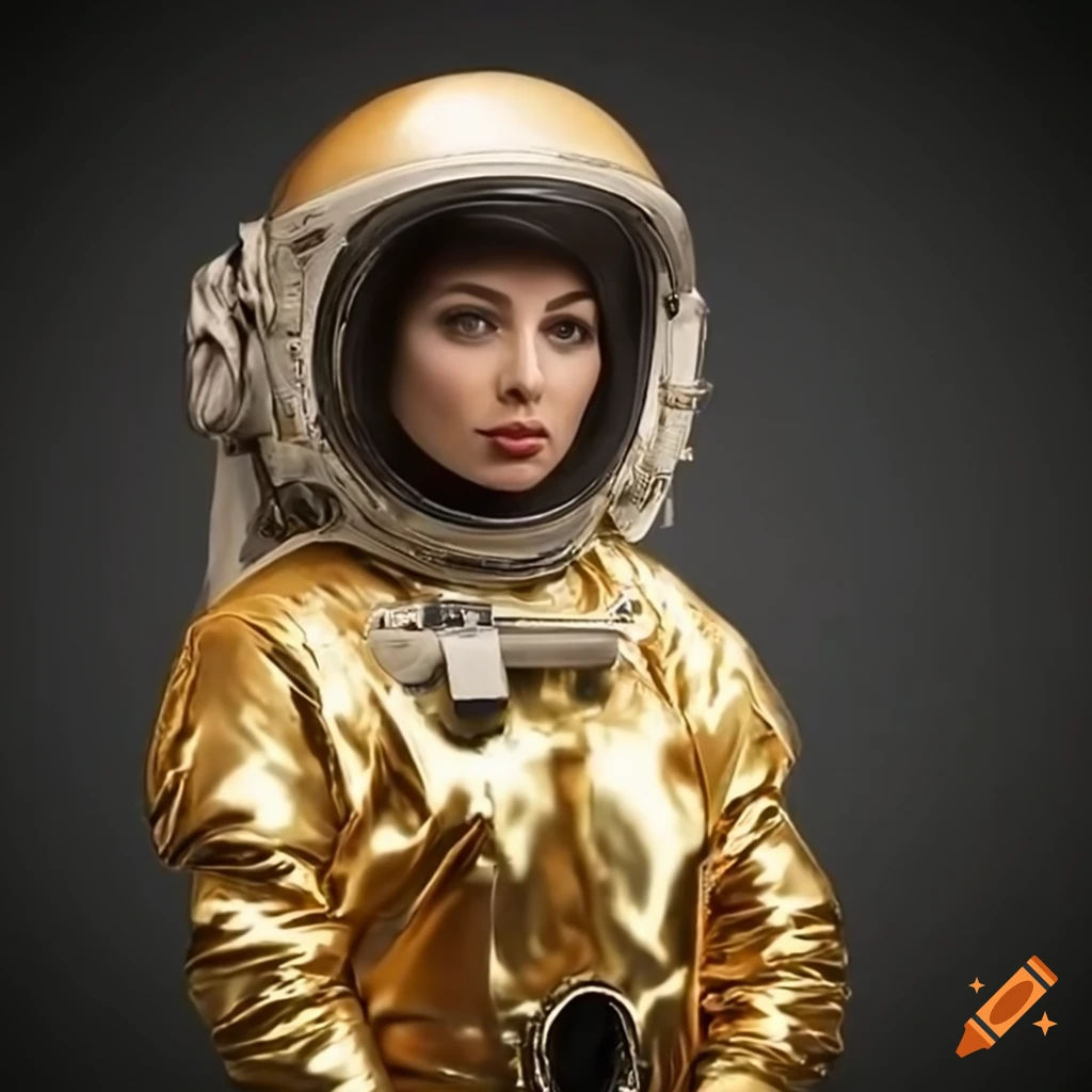 Wallpaper #e2eE_JIBSpphPi3-ZZiW350 Woman Astronaut in Gold Satin Silk Spacesuit and Helmet on Craiyon