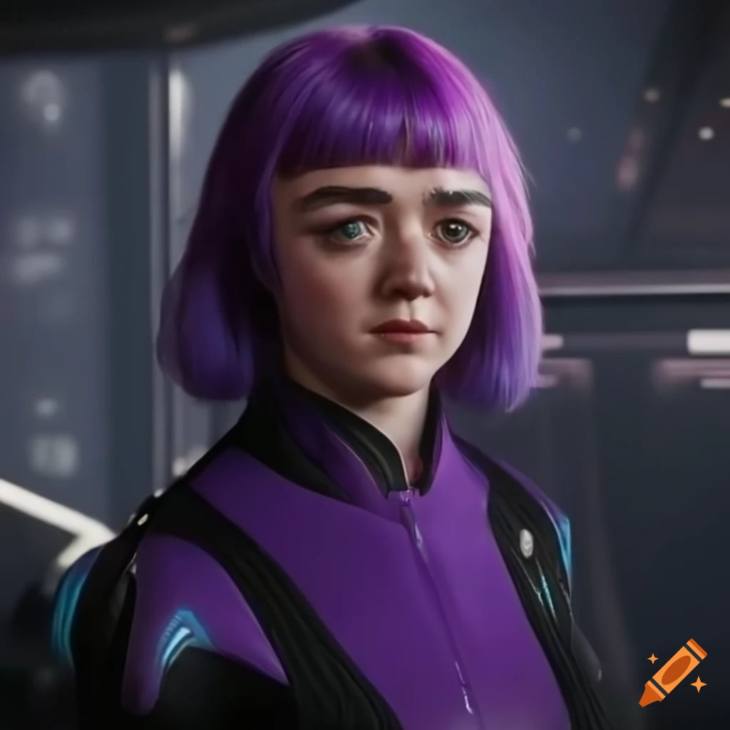 Wallpaper #OWdL6JIBSpphPi3-Njwh384 Maisie Williams as a Purple Haired Sci Fi Girl in a Futuristic Room