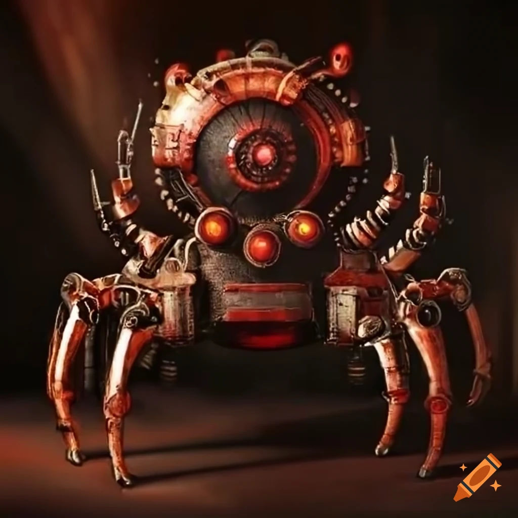 Wallpaper #hGgMF5MBSpphPi3-Iw0p298 Steampunk Spider Robot with Red Eyes on Craiyon