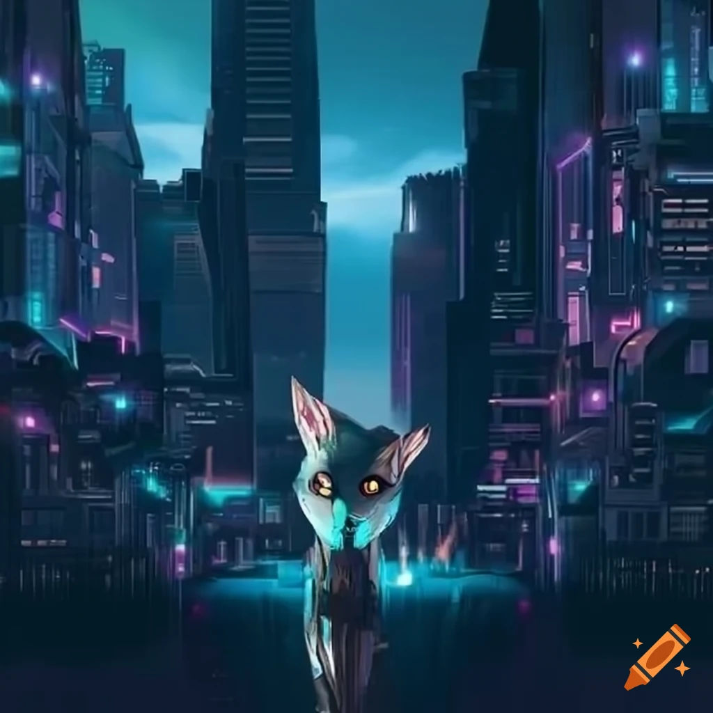 Wallpaper #w2h0G5MBSpphPi3-2R9s230 Cybernetic Fox in a Futuristic Cityscape on Craiyon