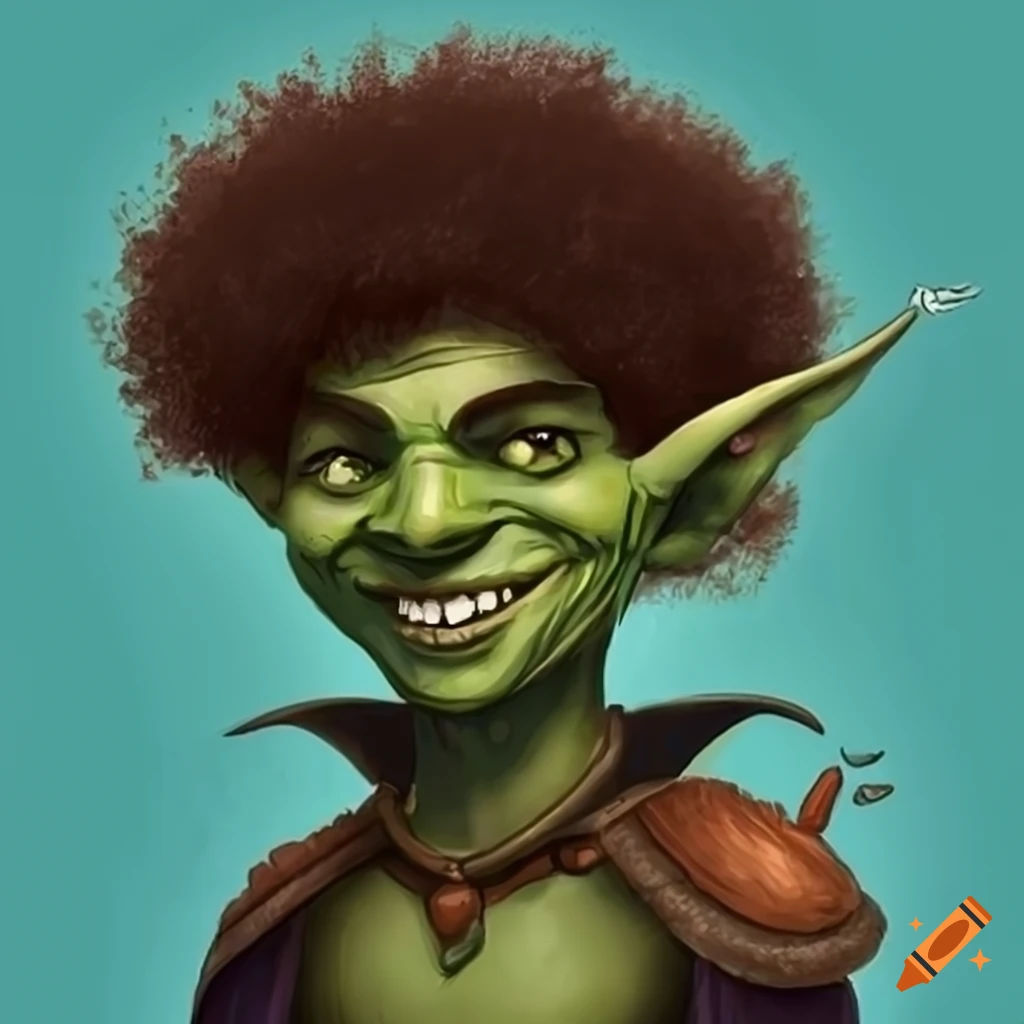 Wallpaper #S67EM5MBayWjSq6H6xwj349 Illustration of a Smiling Goblin Bard with an Afro on Craiyon
