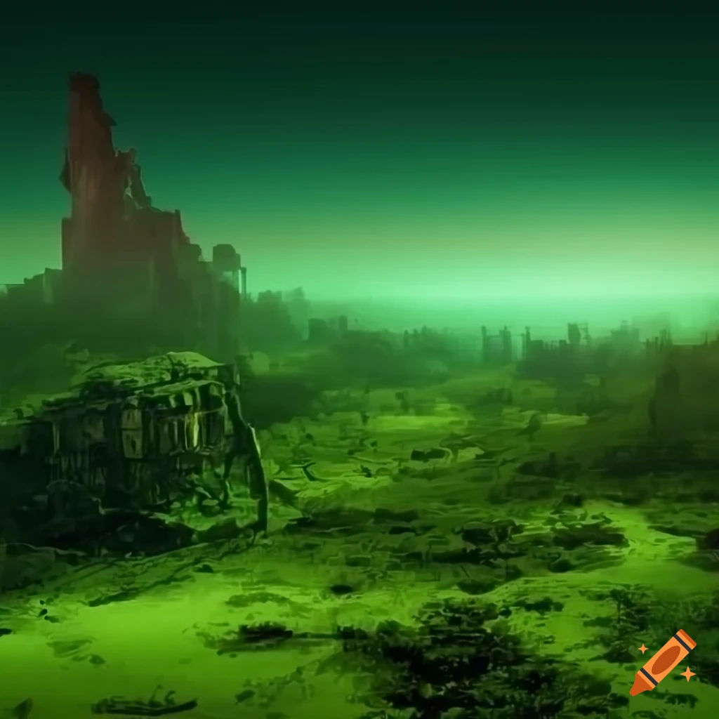Wallpaper #oJl_P5MBUcASHT6nQswf362 Post Apocalyptic Landscape in Vibrant Green on Craiyon