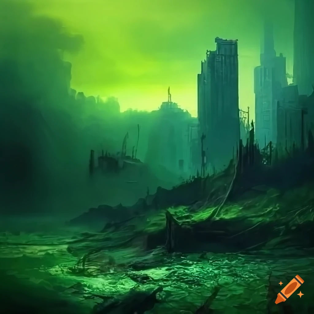 Wallpaper #oJl_P5MBUcASHT6nQswf214 Post Apocalyptic Landscape in Vibrant Green on Craiyon