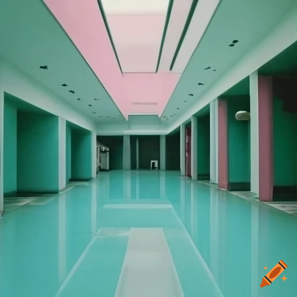 Wallpaper #c3f_JZMB-pgBXx602qBk354 Surrealistic Hotel Lobby with Pastel Colors and Tiled Floors