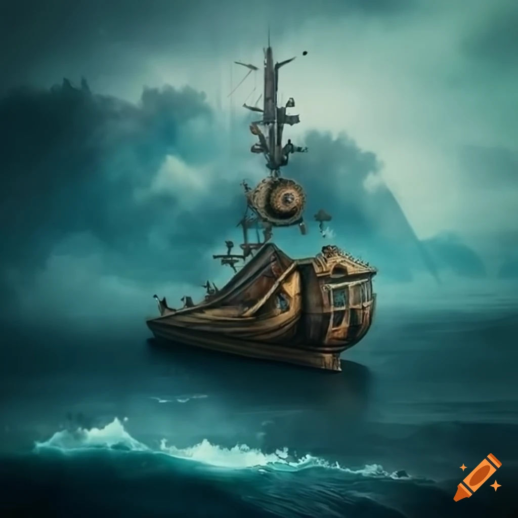 Wallpaper #7m0taJcBycdYOYFTCW82145 Surreal Steampunk Boat Sailing on the Sea on Craiyon