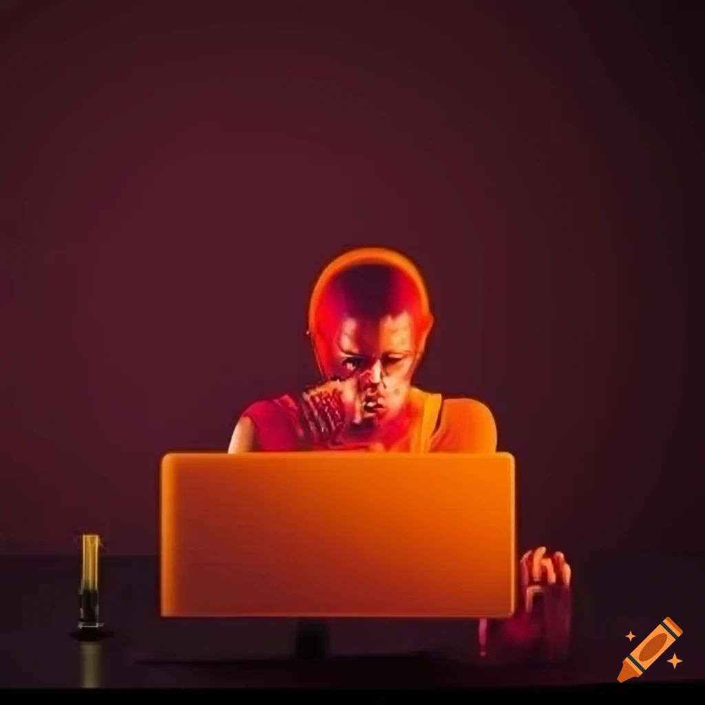Wallpaper #IwNKY5MBpyOg8YnEldVx384 Cyber Punk Style Event Poster with Orange Theme and Person at Computer