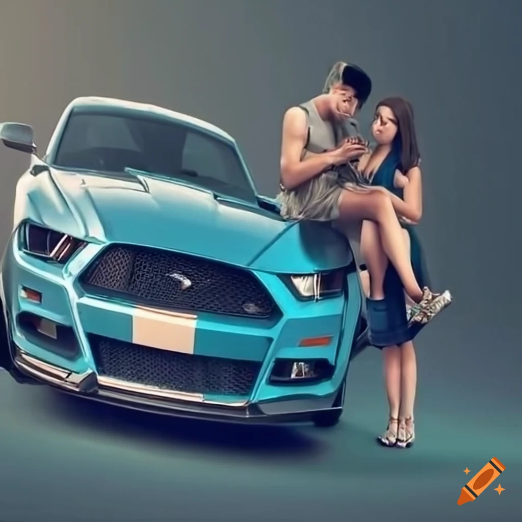 Wallpaper #OBf7PpMBPLD5_VEN6uG1350 Blue GT Mustang with a Man Leaning on the Hood and a Woman Standing