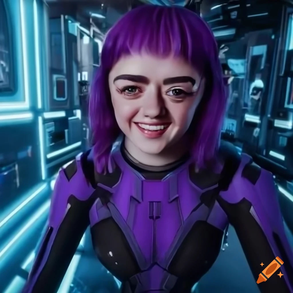 Wallpaper #95lDP5MBUcASHT6nWssT234 Smiling Maisie Williams in Sci Fi Outfit with Purple Hair