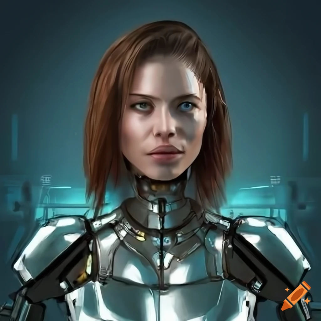 Wallpaper #4HKOMpMBX2lk1u3ok1r-278 Futuristic Female Cyborg in Chrome Armor Standing in a Spaceship on Craiyon