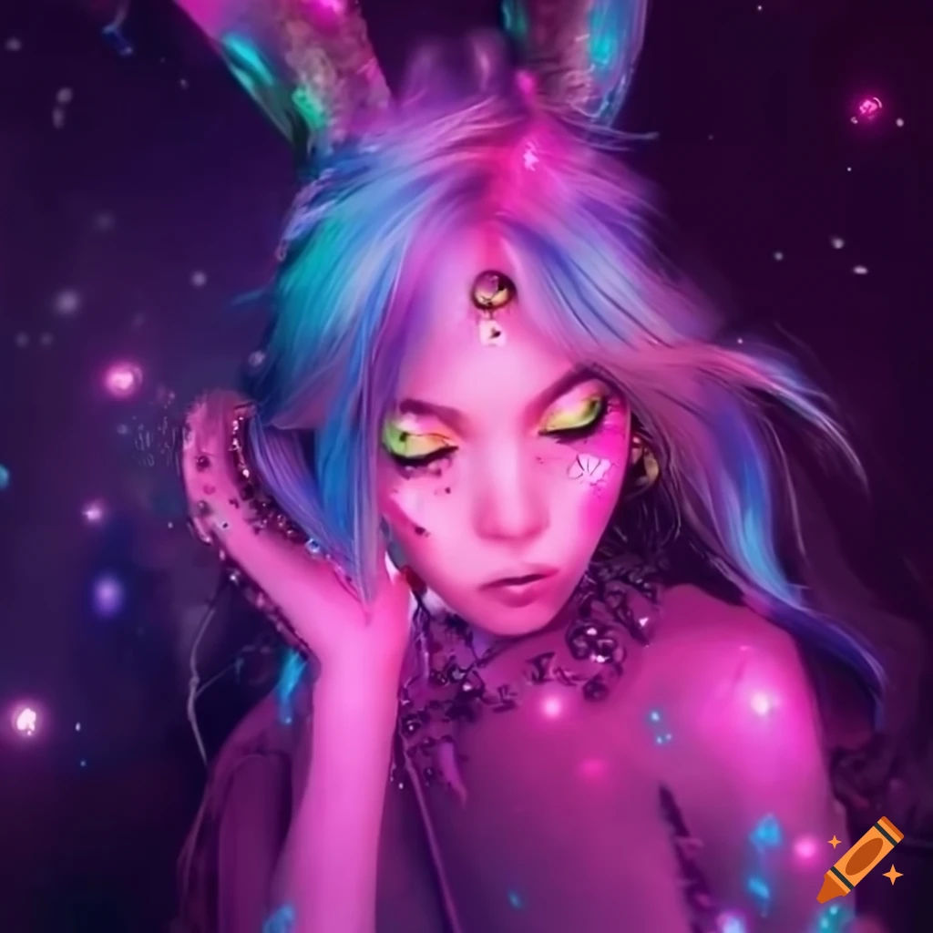 Wallpaper #qa3MMZMBKf019FdaUxGB231 Surreal Cyberpunk Rabbit with Rainbow Fur on Craiyon