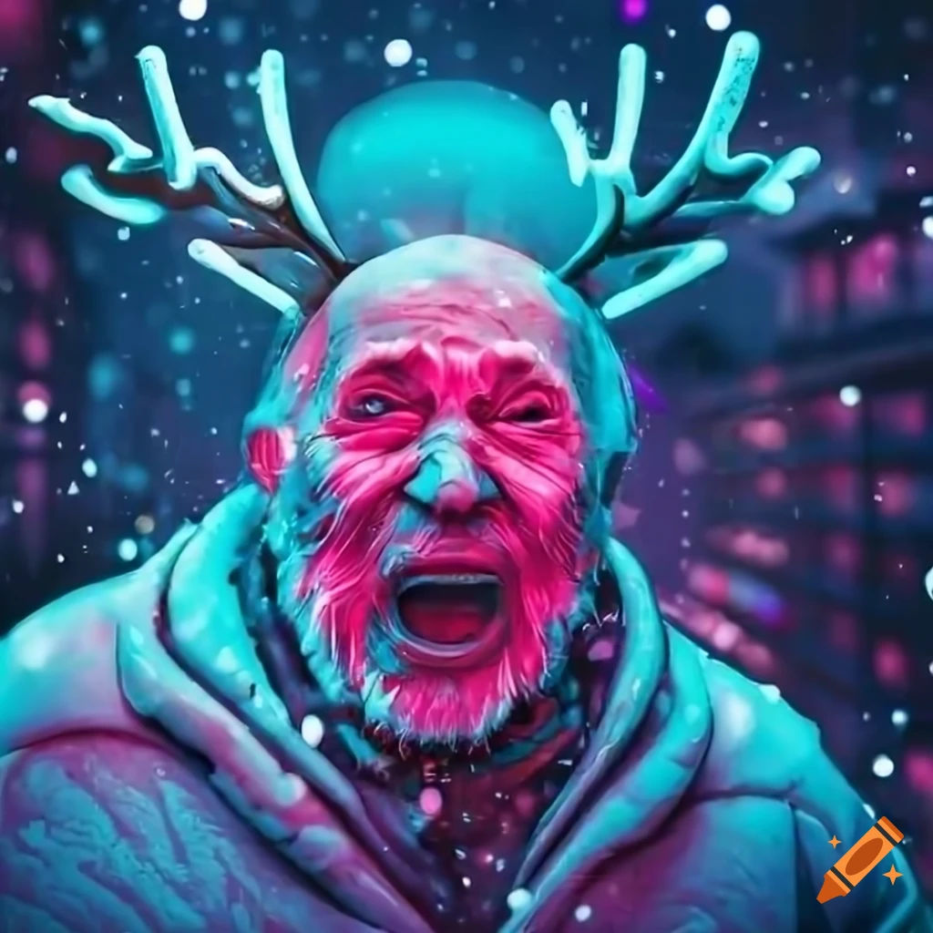 Wallpaper #rGf2-pIBSpphPi3-35I2309 Neon Cyberpunk City with a Screaming Old Man Wearing Reindeer Antlers