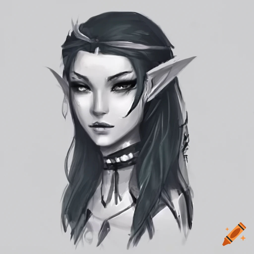 Wallpaper #FljiM5MBzN9vxX34CjrH88 Character Concept Art of a Goth Girl Elf in Pencil Monotone