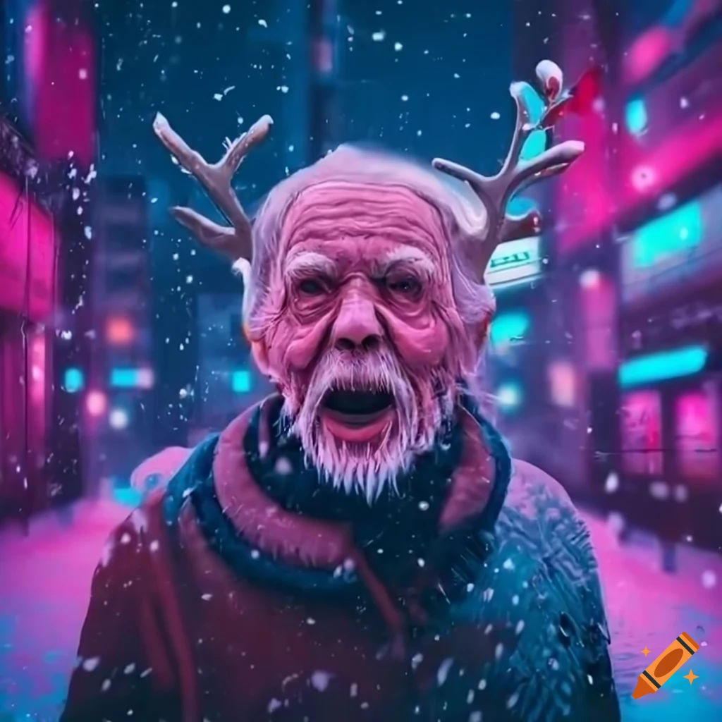 Wallpaper #rGf2-pIBSpphPi3-35I2304 Neon Cyberpunk City with a Screaming Old Man Wearing Reindeer Antlers