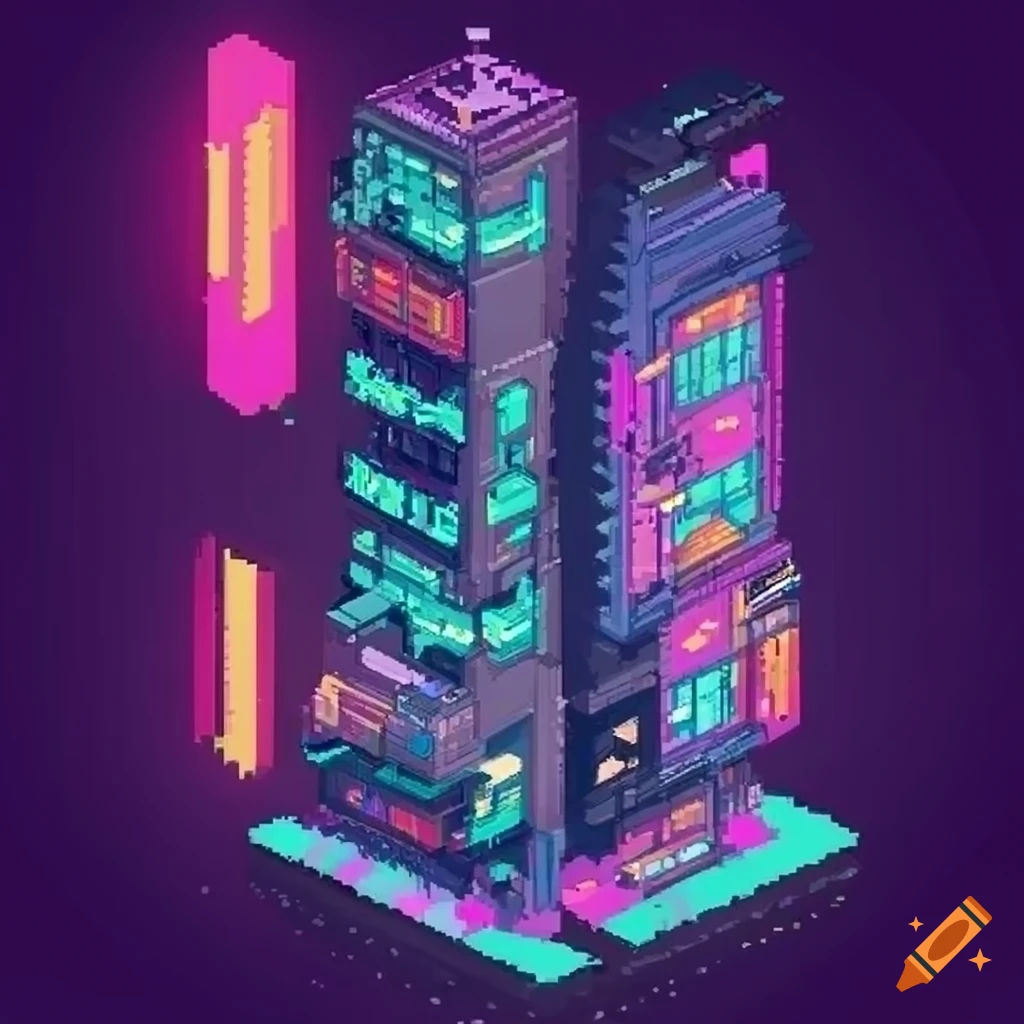 Wallpaper #RFjoM5MBzN9vxX340ToL88 Cyberpunk Building Pixel Art Isometric on Craiyon
