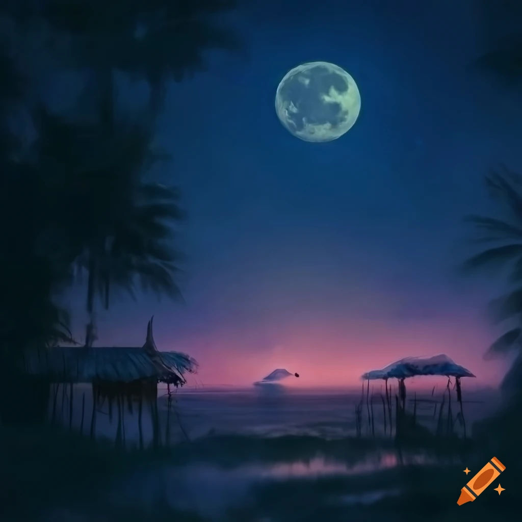 Wallpaper #aWdbBJMBSpphPi3--bfl278 Thailand Night with Hut Under Full Moon Monet Abstract