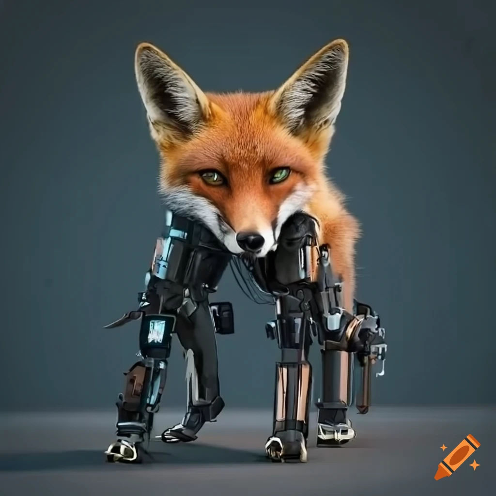 Wallpaper #8Gf49ZIBSpphPi3-5YEy361 Fox Wearing a High Tech Exoskeleton Suit Full Body Angle on Craiyon