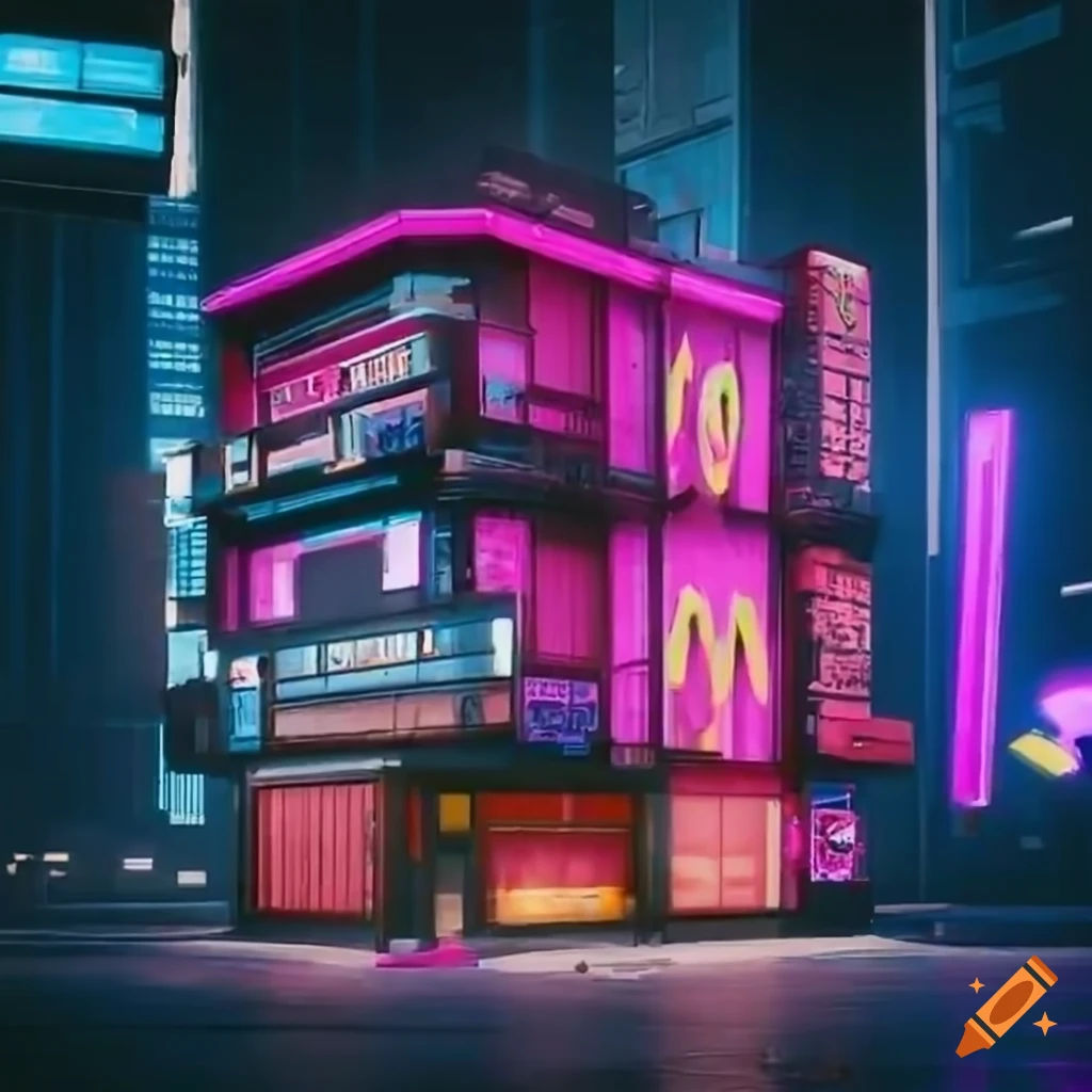 Wallpaper #mGcv8ZIBSpphPi3-O2pF158 Exterior of a Cyberpunk 2077 Style Thin Small Building with Mcdonalds