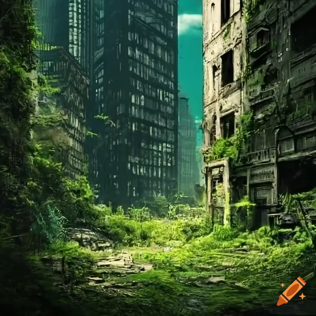 Wallpaper #oJl_P5MBUcASHT6nQswf314 Post Apocalyptic City Overgrown by Vegetation on Craiyon