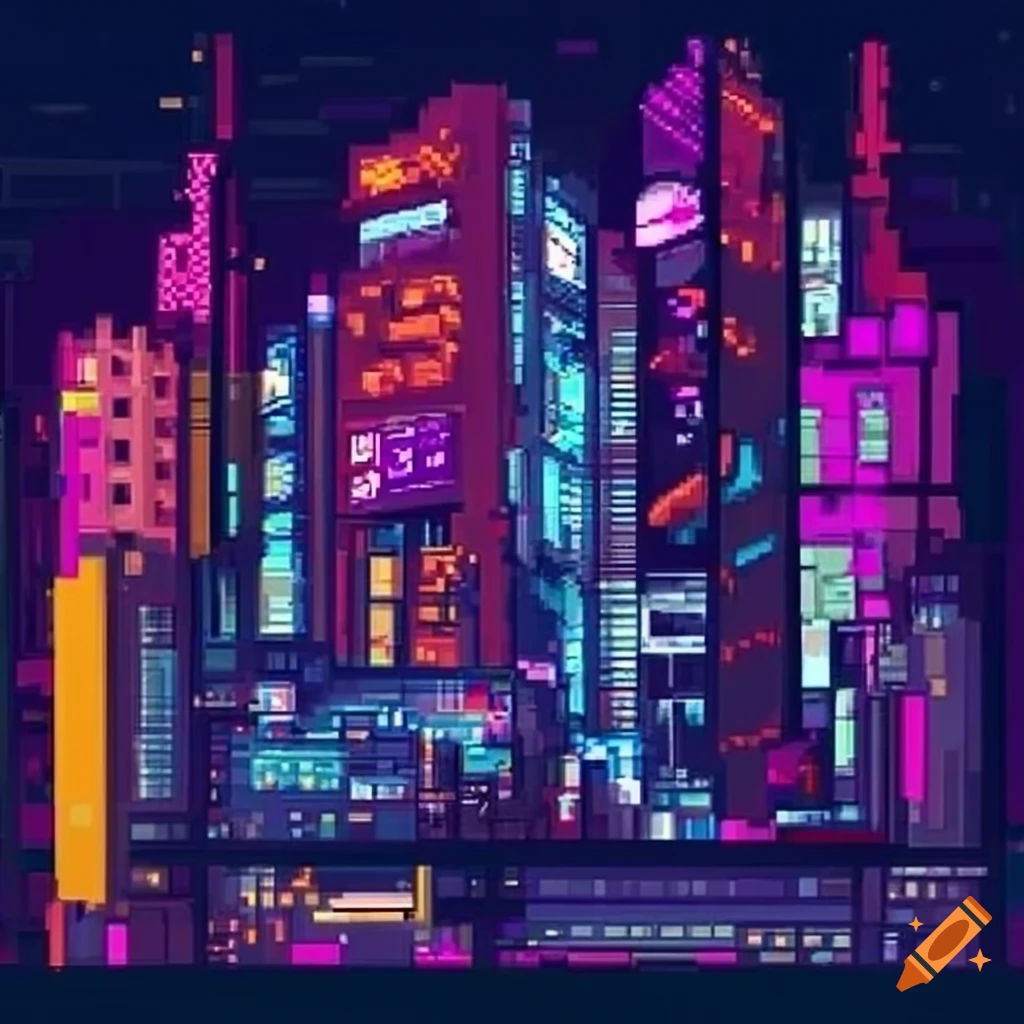 Wallpaper #kKXhNpMBVBiSkHCaCIoF283 Pixel Art Cyberpunk City on Craiyon