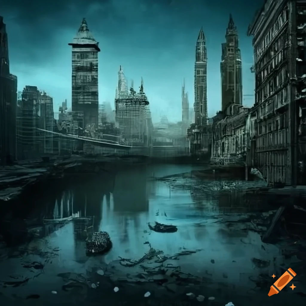 Wallpaper #oJl_P5MBUcASHT6nQswf266 Post Apocalypse Cityscape with Polluted River on Craiyon