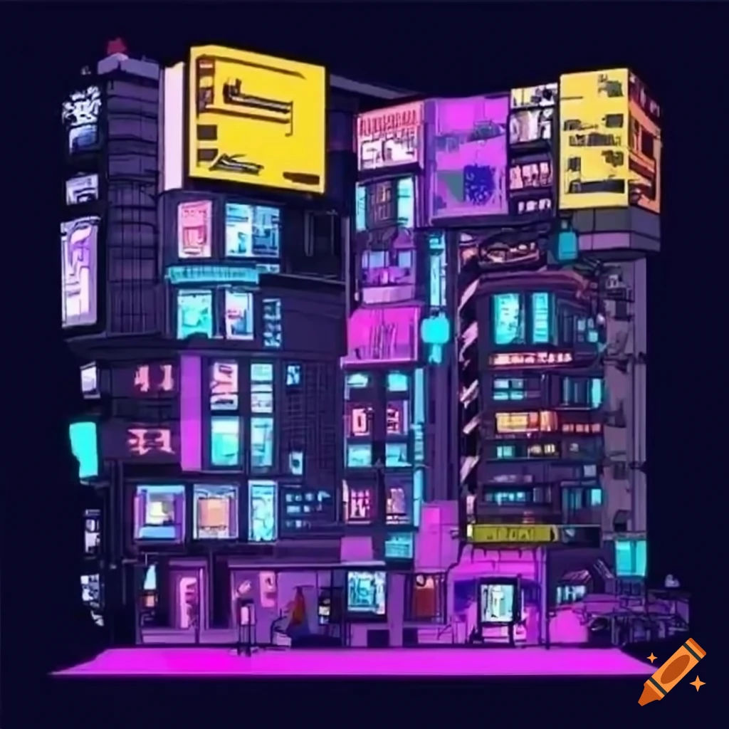 Wallpaper #RFjoM5MBzN9vxX340ToL247 Cyberpunk Building 2d Anime on Craiyon